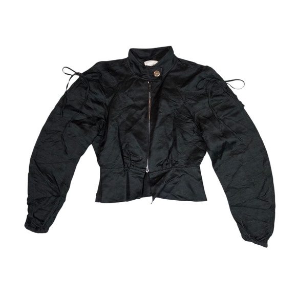 LEWIT Zip Front Linen Blend Peplum Jacket | Small | Black | Contemporary Luxury - Picture 4 of 13